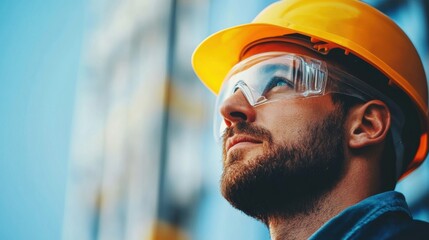 Aufkleber - A construction worker wearing a hard hat and safety glasses closely monitors activities at a busy work site under bright skies. Generative AI