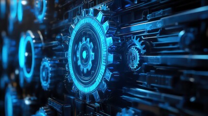 Poster - Close-up of a complex, futuristic cogwheel system with glowing blue lights, representing technology and automation.