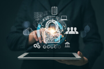 Poster - Businesswoman locking sensitive financial data for cyber security protection. cyber security concept User Privacy Security and Encryption Future technology and cybernetics lock screen key.