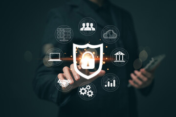 Poster - Businesswoman locking sensitive financial data for cyber security protection. cyber security concept User Privacy Security and Encryption Future technology and cybernetics lock screen key.