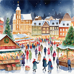 Watercolor illustration of a festive Christmas market with colorful stalls, joyful people and a dcorated tree,capturing the warm spirit of the holiday season drawing by hand.