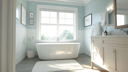 Wall Mural - Modern, Bright Bathroom with Freestanding Tub, White Vanity, Large Window, and Natural Light