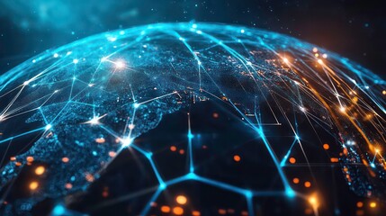 Poster - A digital rendering of a glowing blue earth with lines connecting cities and countries, representing a global network.