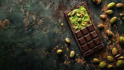 Dubai Chocolate Kunafa Pistachio on white background,Dubai Chocolate bar with green kadayif and pistachio spread,popular and viral chocolate 2024,space for text.