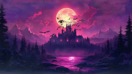 Wall Mural - halloween night scene with moon spooky fantasy castle