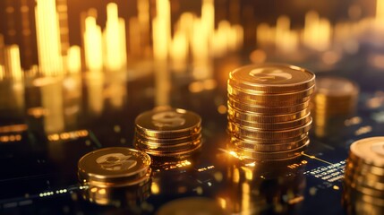 Poster - Stacks of gold coins on a digital background, representing financial growth and success.