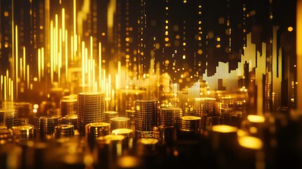 Aufkleber - Abstract city skyline with gold coins and glowing lines representing financial growth, prosperity, and success.
