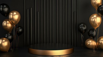 Poster - A black podium with a gold trim stands in front of a black wall with vertical gold stripes. Black and gold balloons surround the podium.