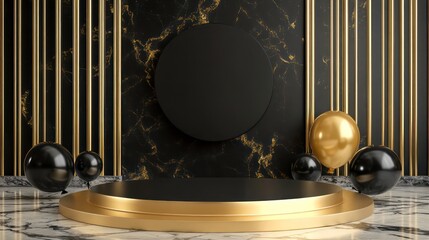 Poster - A black podium with gold accents stands on a marble floor with a black and gold marble wall background, with black and gold balloons scattered around it.