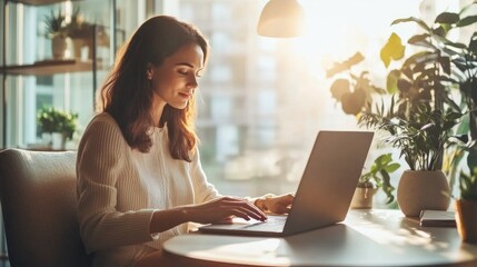 Wall Mural - A woman is sitting at a table with a laptop in front of her