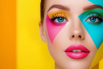 beautiful fun woman, pastel colors, makeup, beauty, shapes background,