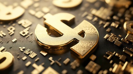 Fototapete - A close-up of a shiny golden dollar sign on a black textured background with other dollar signs in the background.