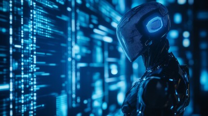Poster - A robot with a blue helmet stands in front of a blue background with a lot of li