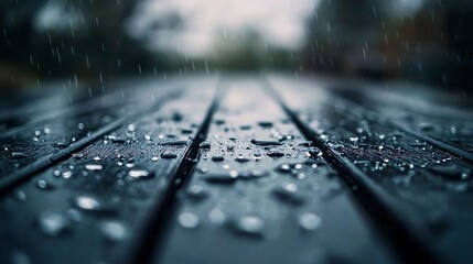 Dark Wooden Planks with Water Droplets After Rain