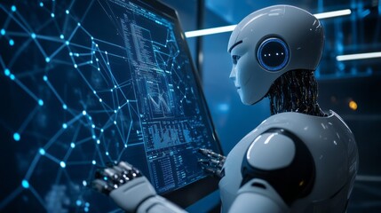 Poster - A robot is looking at a computer screen with a lot of lines and numbers