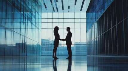 Poster - A man and a woman are shaking hands in a large, empty room
