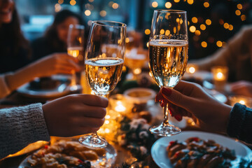 People enjoying Christmas dinner together and toasting with champagne glasses while sitting by dining table with food.