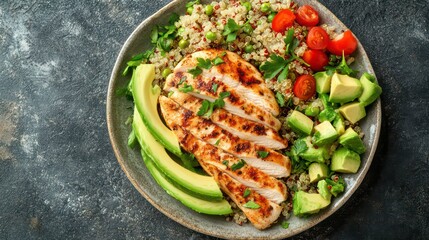 Poster - A top view of a healthy meal with grilled chicken, quinoa, avocado, and cherry tomatoes on a grey plate.