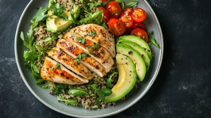 Poster - A plate of grilled chicken, avocado, quinoa, and cherry tomatoes on a dark background.
