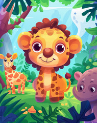 Wall Mural - A cartoon giraffe is standing in front of two other cartoon animals