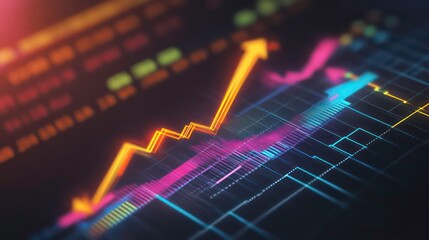 Poster - A close-up view of a glowing orange arrow pointing upwards on a digital screen with a background of multicolored data visualizations.