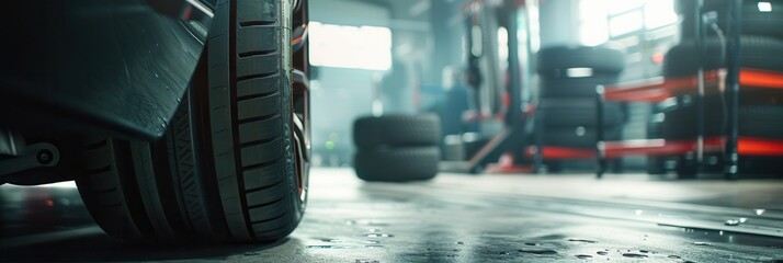 Poster - A mechanic changes tires in a well-lit garage, utilizing various tools while another set of tires is visible in the background. Generative AI