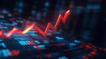 Aufkleber - A red upward arrow rises over a digital background of blue and red numbers, representing growth and success.