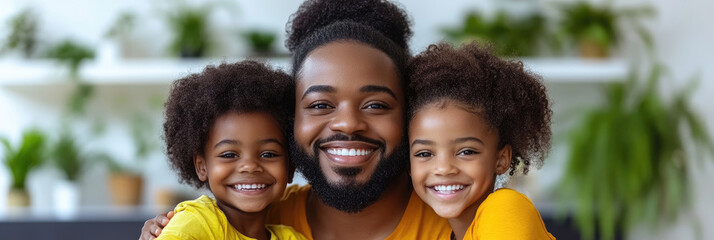 A smiling father embraces his two cheerful daughters, all dressed in matching yellow outfits, in a cozy, plant-adorned living room