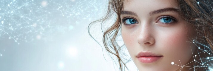 Aufkleber - A beautiful young woman gazes directly, surrounded by a vibrant 3D network and flowing data, illustrating a connection to technology. Generative AI