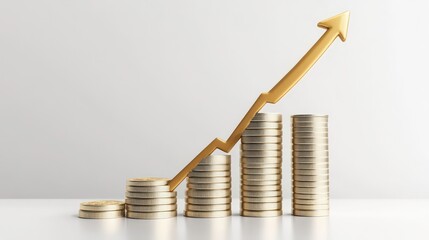 Poster - A golden arrow pointing upwards, symbolizing growth and success, rising above a series of increasing stacks of gold coins.