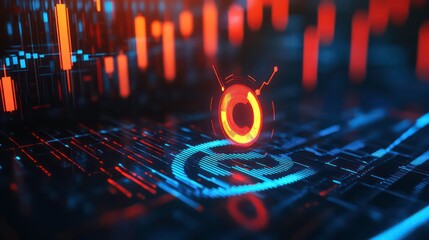 Poster - A glowing, futuristic circle with a target symbol inside, resting on a network of circuit boards. The background is a dark, abstract design with streaks of bright red and orange light.
