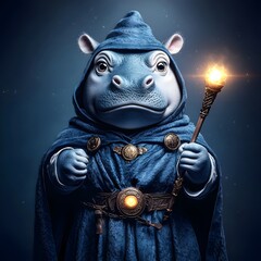 A whimsical hippo wizard in a blue robe holds a glowing staff, exuding a magical presence in a mystical setting.