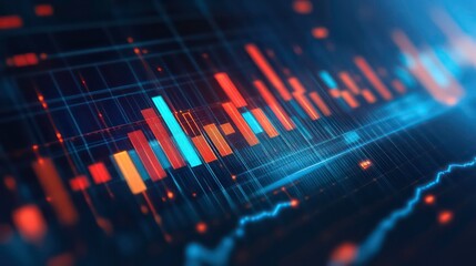 Fototapete - Abstract blue and red bars and line graph in a dark background with grid, depicting financial data or market performance.