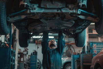 Aufkleber - A technician inspects and repairs the underside of a car lifted on a hoist, showcasing skill and professionalism in an auto shop. Generative AI