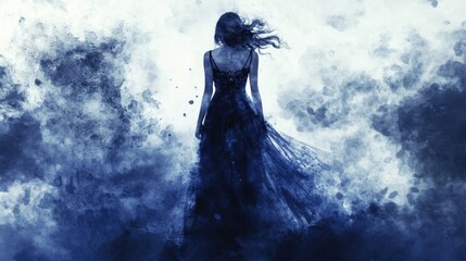 ethereal woman in blue fantasy gown with abstract background