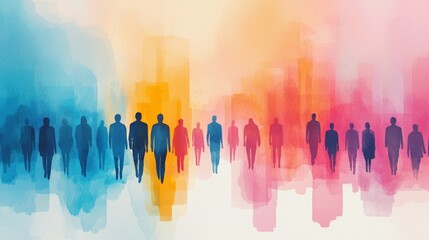 Abstract watercolor art featuring silhouettes of people in vibrant colors, creating a sense of community and connection.