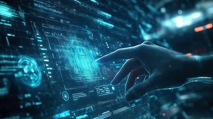 Fototapete - A hand interacts with a futuristic holographic display, filled with data and interfaces.
