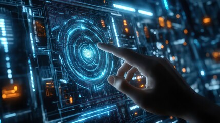 Fototapete - A hand reaches out to touch a glowing blue digital interface with a circle in the center.