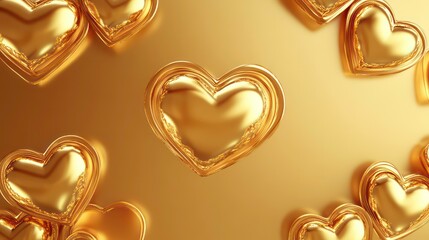 A pattern of shiny golden hearts on a gold background.