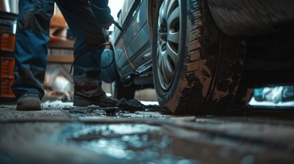 Poster - A technician works on replacing a flat tire in a garage, with wet surfaces reflecting the light from overhead. Generative AI