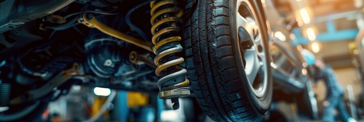 Poster - A mechanic works diligently underneath a car elevated by a hoist, focusing on maintenance tasks in a busy auto repair shop. Generative AI