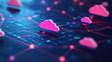 Aufkleber - Pink cloud icons on a network of blue and red lines, representing cloud computing and data storage.