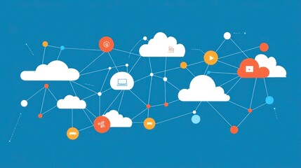 Aufkleber - Abstract illustration of cloud computing network with icons representing data storage, sharing, and access.