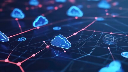 Poster - Abstract digital background with glowing blue cloud icons connected with lines on dark background.