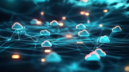Leinwandbilder - A network of glowing cloud icons connected by lines on a dark blue background.