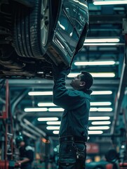 Aufkleber - A mechanic inspects and works on a vehicle positioned on a hoist in a busy automotive repair shop during the day. Generative AI
