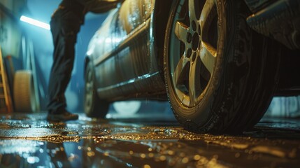 Aufkleber - A person is changing a tire on a car in a workshop, surrounded by puddles and tools, as rain falls outside. Generative AI