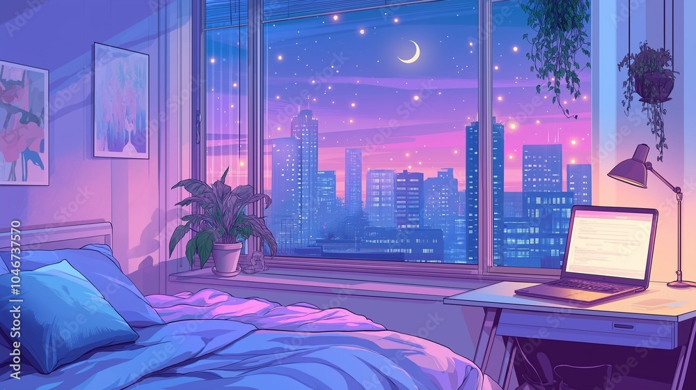 Cozy Anime Lo Fi Bedroom Interior With City View At Night Aesthetic