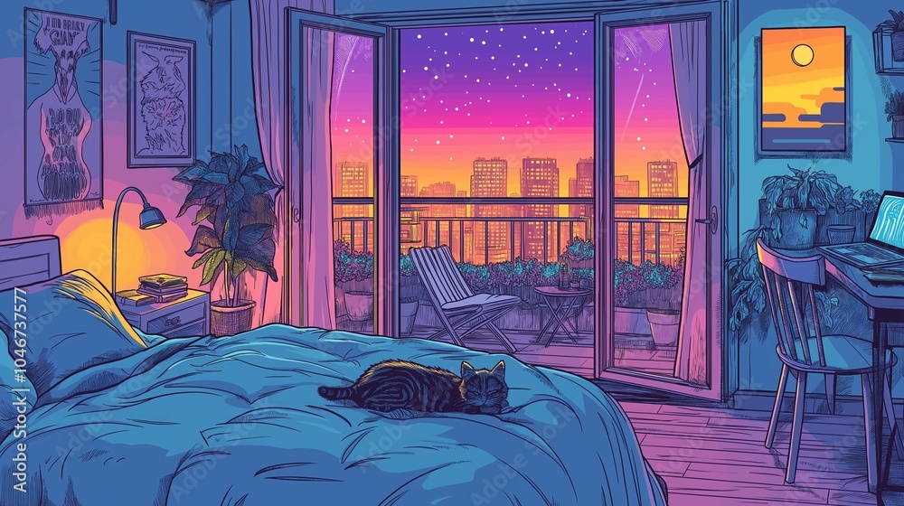 Cozy anime Lo-Fi bedroom interior with City View at night | Aesthetic ...