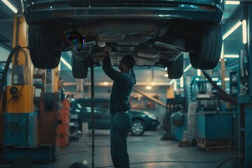 Poster - A skilled mechanic is performing maintenance on a vehicle raised on a hoist in a well-lit auto repair shop during the evening. Generative AI